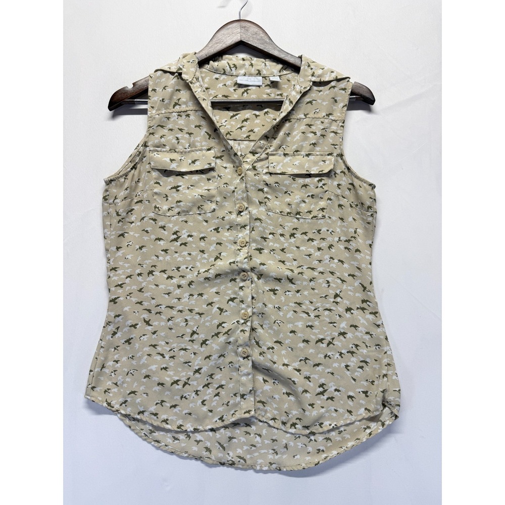 New York & Company Blouse Top Womens Small Beige Allover Bird Print Button Front